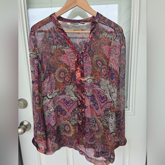 Chicos 100% Silk Paisley Blouse Sz  (S-M) Sheer Button Up Long Flare Sleeve Y2k - Picture 4 of 10